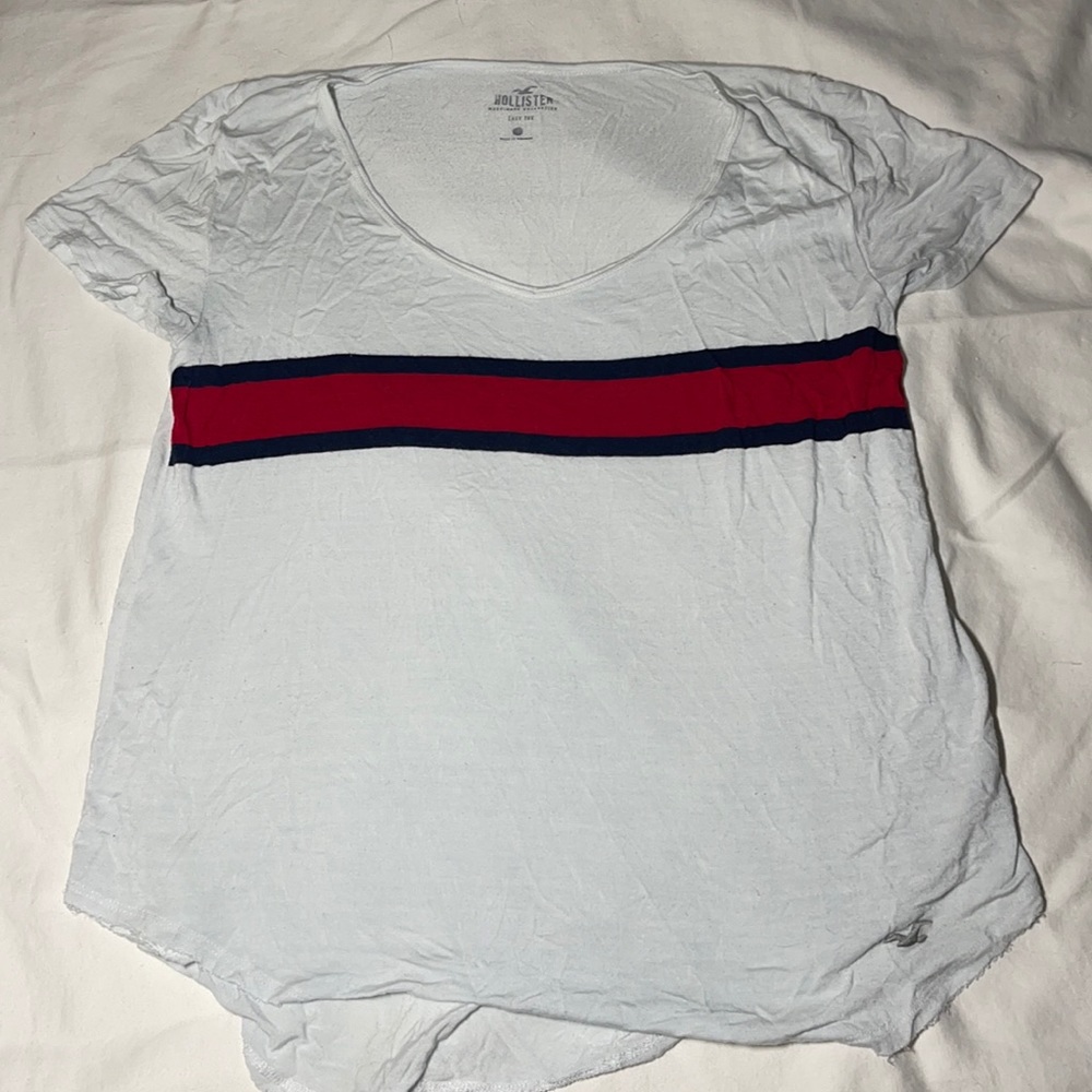 Hollister white/red and blue stripe tshirt (small)